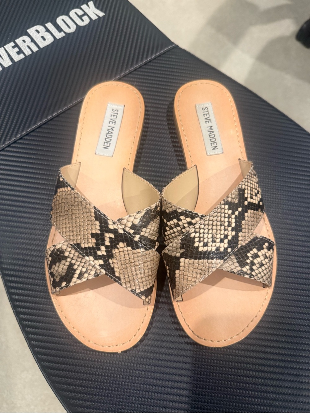 Steve Madden Snake-Print Crossover Slide Sandals in Tan and Black